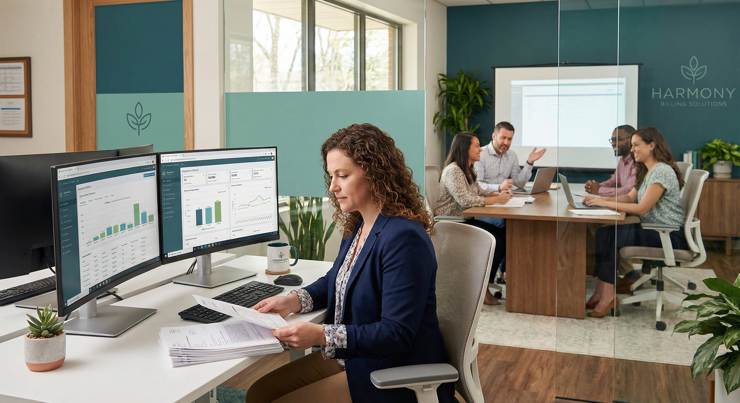 Professional billing team collaborating in modern office